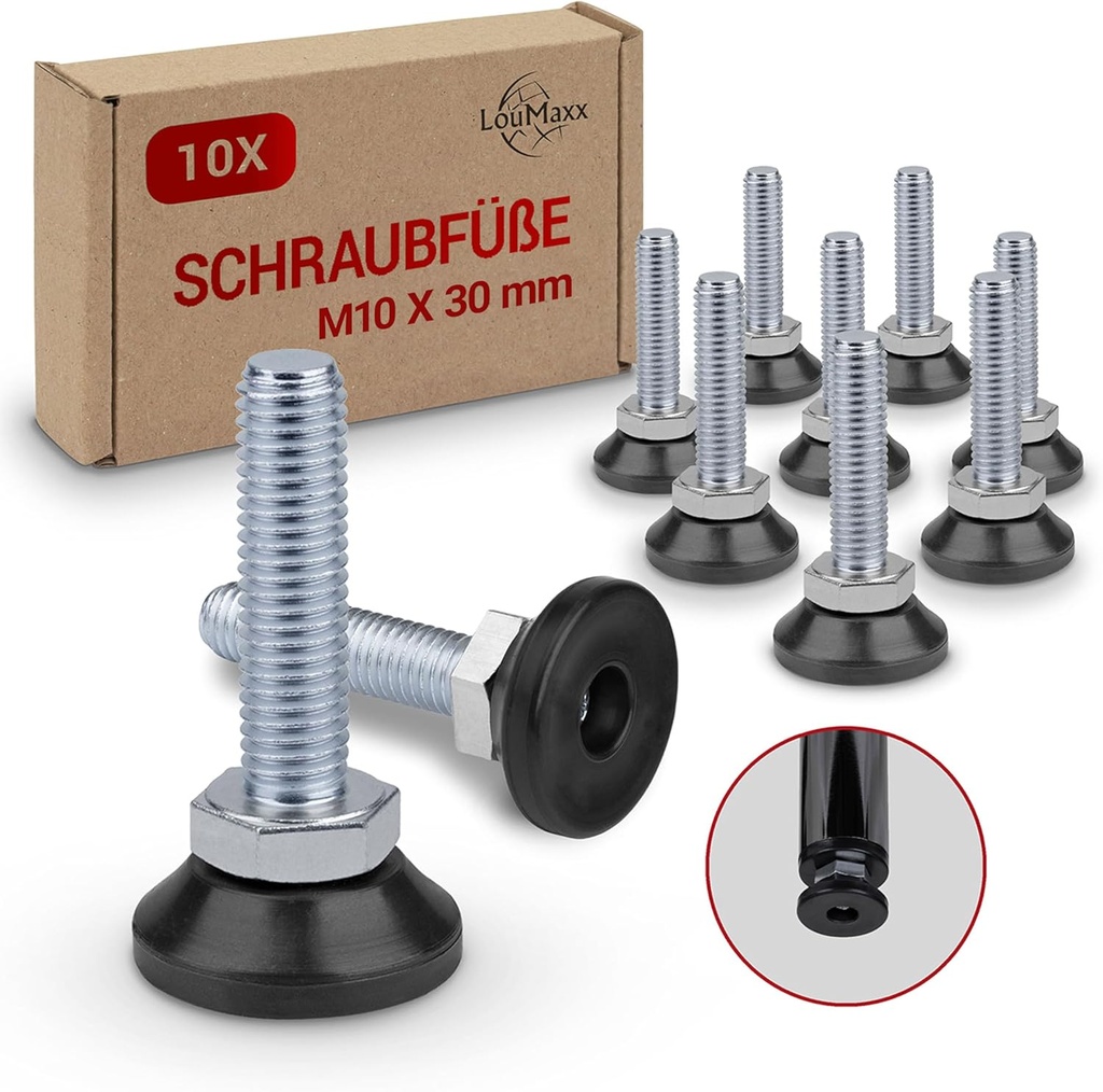 Pieds réglables M10 x 30 mm en caoutchouc B10