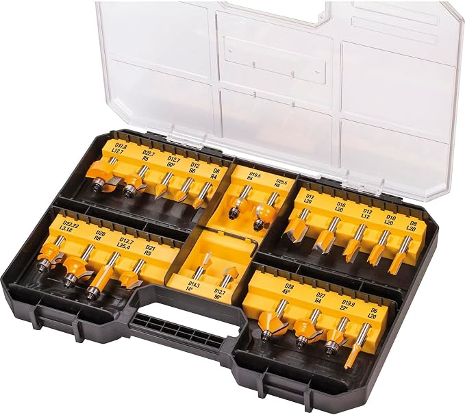Coffret 22 fraises de défonceuse - set de fraises à rainurer bois en acier avec coffret de transport - manche Ø 8mm - DT90017-QZ