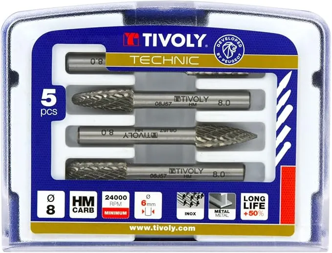 TIVOLY Coffret de 5 fraises limes Ø8 mm pour Métaux queue cylindrique Ø6 mm